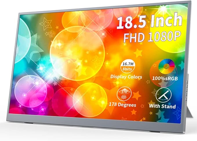 Portable Monitor 18.5 inch,300cd/m² 100% sRGB, 1080P FHD IPS Portable Big Screen with Stand,HDMI & Type-C Ports External Display for Laptop Mini PC Mac Game Console Phone