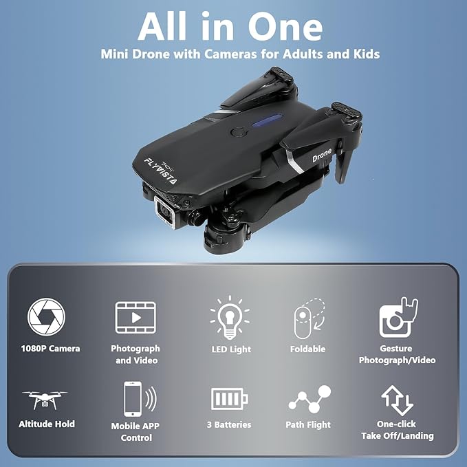 FLYVISTA Mini Drone with Camera for Adults Kids, 1080P WiFi FPV Camera Drone with 3 Batteries, One-Click Take Off/Landing, Altitude Hold, Headless Mode, 360° Flips, 3-Gear Speeds, Emergency Stop, Carrying Case, Toys Gifts for Kids and Adults Beginner