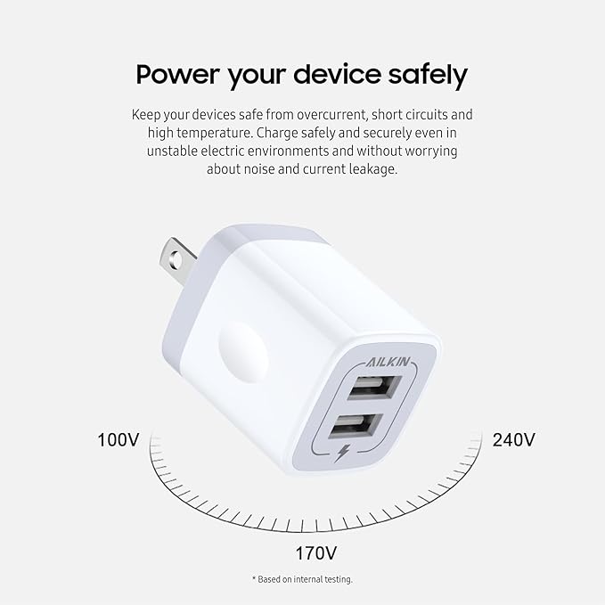 USB Wall Charger, Charger Adapter, AILKIN 2-Pack 2.1A Dual Port Quick Plug Cube for iPhone 15 14 13 12 11 Pro Max 10 SE X XS Plus Samsung Galaxy S23 S22 S21 Power Block Fast Charging Box Brick