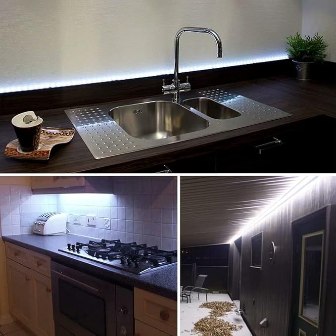 16.4ft/5m White LED Strip Lights, Waterproof & Cuttable 300 SMD 2835 Tape, 6000K 12V Flexible Ribbon for Kitchen, Cabinet, Indoor/Outdoor Lighting (No Power Supply)