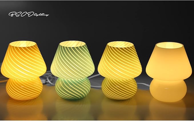 BSOD Mushroom Lamp,Vintage Glass Mushroom Bedside Table Lamps Yellow Murano Style Small Nightstand Desklamp Swirl Light for Home Decor, Dining, Living, Bedroom, Gift (Bright Yellow)