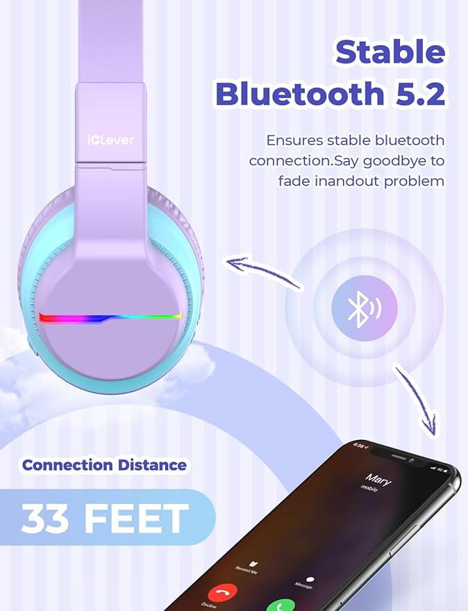 iClever BTH12 Kids Bluetooth Headphones,Colorful LED Lights Kids Headphones Wireless,74/85dBA Safe Volume,85H Playtime,Fast Charging,Bluetooth 5.2,Over Ear,Built-in Mic for iPad/Tablet/Airplane,Purple