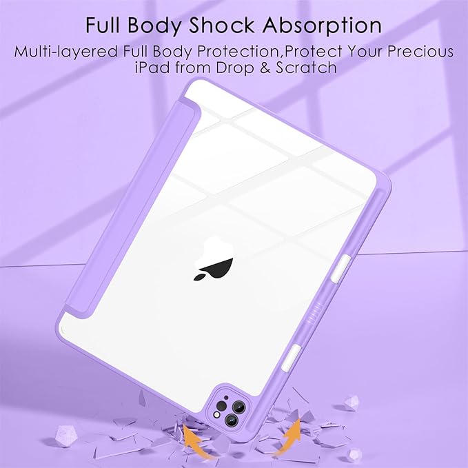 Soke Case for iPad Pro 12.9 Inch (6th/5th/4th/3rd Generation, 2022/2021/2020/2018) - Pencil Holder + Auto Sleep/Wake + Camera Protection, Transparent Shockproof Back Cover, Clove Purple