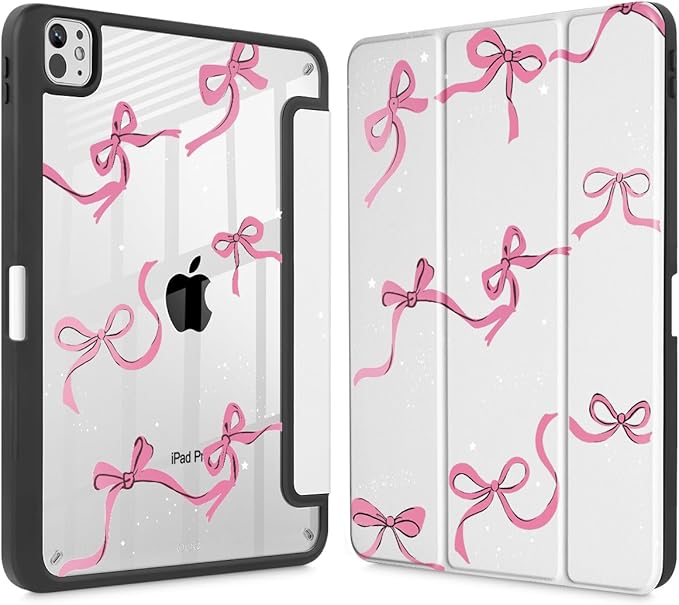 May Chen Case for iPad Pro 11-Inch M5/M4 2025/2024 (6th/5th Generation), Clear Transparent Print Back Shell Slim Stand Shockproof Tablet Cover, Auto Wake/Sleep, White Bows