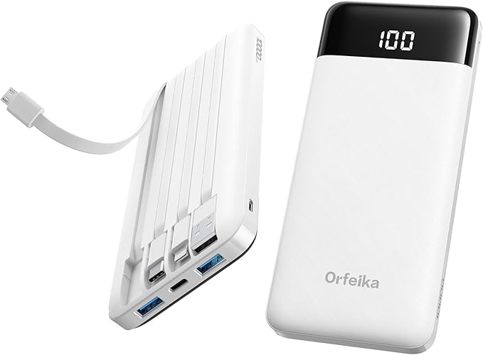 Orfeika Portable Phone Charger, 10000mAh Portable Charger Power Bank with Built-in Cables, Travel Essential Battery Pack Compatible with iPhone, Samsung, Google, iPads, Tablets, etc