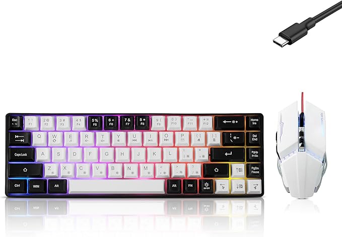 Wired 60% Gaming Keyboard and Mouse Combo, Ultra-Compact 61 Keys RGB Backlit Mini Keyboard, Lightweight 3200 DPI Optical, Wired Gaming Set for Windows,PC, MAC PS5 Xbox Gamer(White-Black)
