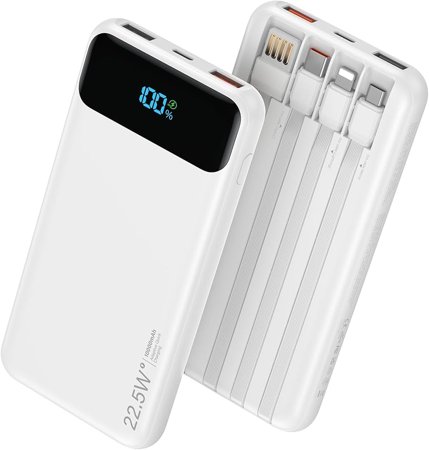 Portable Charger, 10000mAh 22.5W Fast Charging Power Bank with 4 Built-in Cables, Travel Essentials Battery Pack with LED Display, 6 Outputs Charging Bank Compatible with iPhone, iPad, Samsung White