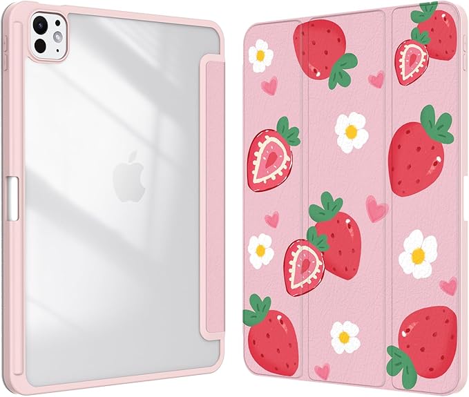 Case for iPad Pro 11-Inch M5/M4 2025/2024 (6th/5th Generation), Case with Pencil Holder, Clear Back Cover Cute Cool Design for Women Girls, Auto Sleep/Wake, Strawberry
