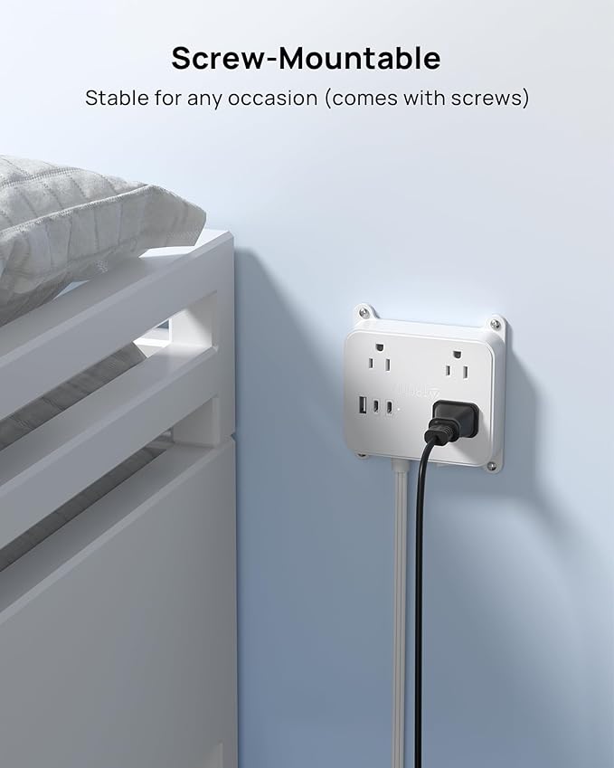 TROND Flat Outlet Cover Extension Cord, 3 AC Widely Spaced with 2 USB C Charger, 5FT Plug Concealer Power Strip, Wall Mount Behind TV, Hidden Under in-Drawer Desk Cabinet Vanity Counter