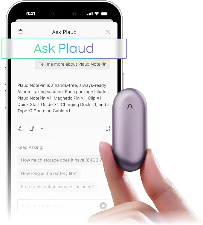 Plaud NotePin Voice Recorder, AI Voice Recorder, AI Note Taker, AI Transcribe & Summarize, Support 112 Languages, for Meetings, Lectures, Professionals, Teams, Sunset Purple, Non-S Version