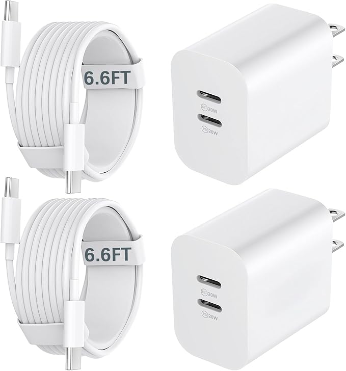 20W Dual Port USB C Fast Charger Block with 6.6FT Long USB C to C Charging Cable for Phone 17 16 15/16 15 Plus/17 16 15 Pro/17 16 15 Pro Max
