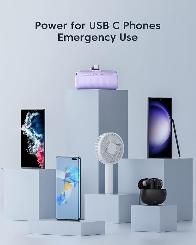 Kuulaa Portable Charger USB C Power Bank 4500mAh Small Portable Phone Charger Android Compact Plug in Battery Pack Portable Compatible with iPhone 15, Samsung Galaxy, Moto, LG, Pixel, Purple