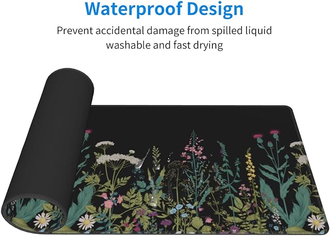 Weeds Flowers Large Gaming Mouse Pad Desk Mat, Cute Funny Gifts Big Keyboard Pad with Stitched Edges for Laptop, XL Long Extended Full Non-Slip Base Mousepad for Women Office Decor Black 31.5*11.8 In