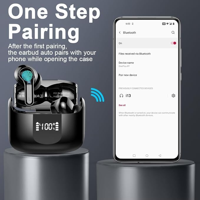 Wireless Earbuds, 2026 Bluetooth 5.4 Headphones NEW Ear Buds 40H Bass Stereo in-Ear Earphones ENC Noise Cancelling Earbuds with 4 HD Mic, USB-C LED Display IP7 Waterproof Sport Headset for Android iOS