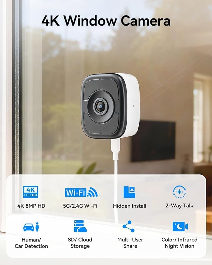 LongPlus 8MP 4K Window Camera, 5GHz & 2.4GHz WiFi Camera for Home Security with Color Night Vision, 24/7 Recording, Person/Motion Detection, Easy Install 2Pack