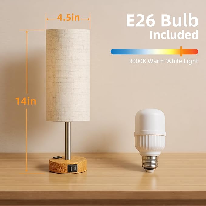 Table Lamp for Nightstand, High-Sensitivity Touch, 3-Level Dimmable Bedside Lamp with AC Outlet | USB | and USB-C, Ideal Night Stand Lamp for Bedroom, Reading, Living Room(Warm&Wooden)