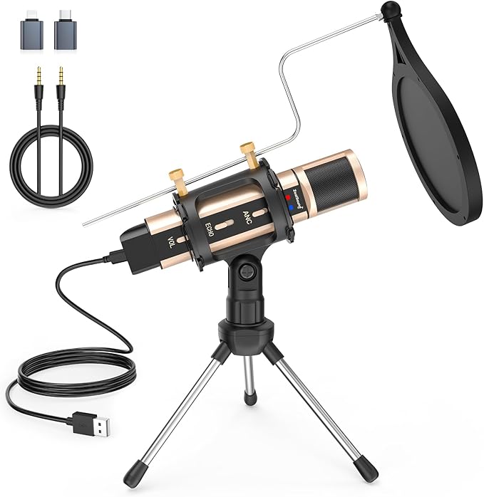 ZealSound USB Microphone for iPhone, iPad, Android, PC & Laptop, Condenser Podcast Mic with Noise Reduction, Mute, Headphone Monitoring & Echo Control for ASMR, Podcast, Streaming, Gaming
