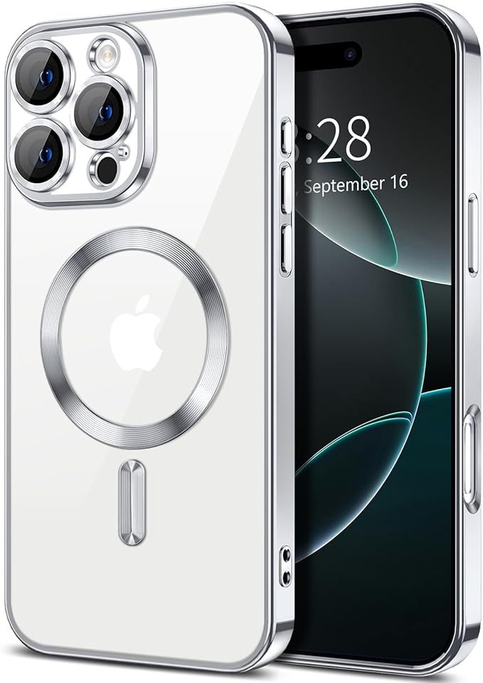 Hython Magnetic Clear for iPhone 16 Pro Case with Camera Lens Protector [Compatible with MagSafe] Luxury Plating Edge Slim Soft TPU Cover Protective Phone Case for iPhone 16 Pro 6.3", Silver