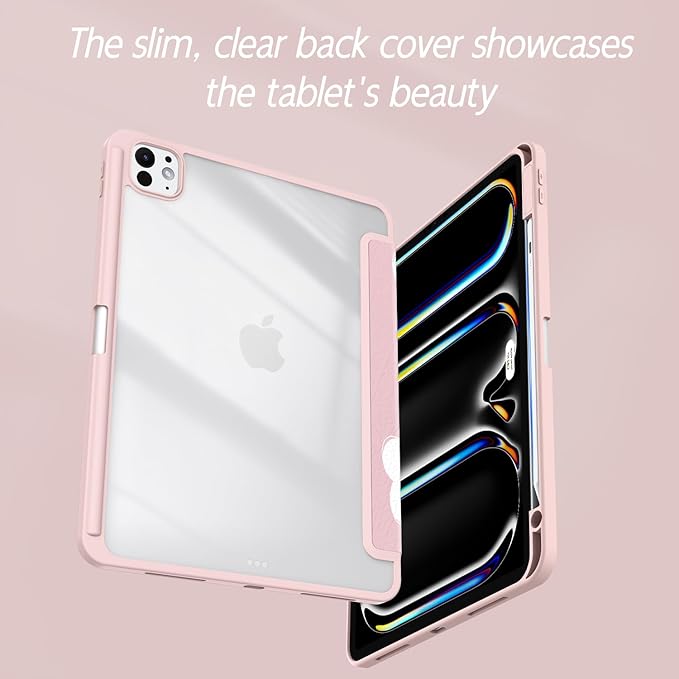 Case for iPad Pro 11-Inch M5/M4 2025/2024 (6th/5th Generation), Case with Pencil Holder, Clear Back Cover Cute Cool Design for Women Girls, Auto Sleep/Wake, Pink White Flower