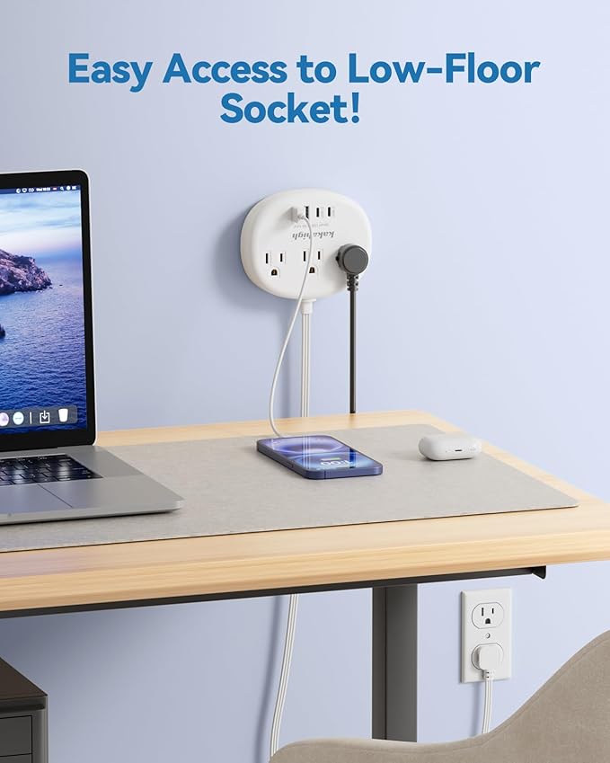 Power Outlet Relocator with Adhesive- 5 FT, 1625W Wall Mounted Extension Cord with 3 AC Outlet 4 USB (24W/4.8A), Peel and Stick Outlet for Easy Access to Low-Floor Socket