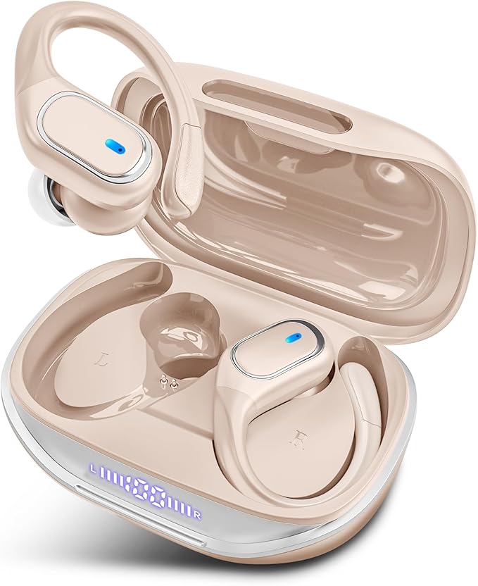 HAOYUYAN Wireless Earbuds, Sports Bluetooth Headphones, 80Hrs Playtime Ear Buds with LED Power Display, Noise Canceling Headset, IPX7 Waterproof Earphones for Workout/Running（Oatmeal White）