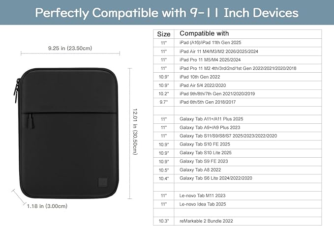 Dadanism 9-11 Inch Tablet Sleeve Padded Carrying Case for iPad (A16) 11th Gen 11", iPad 10th Gen 10.9", iPad Air M4/Pro M5 11", iPad Air 5/4, iPad 9/8/7th Gen, Galaxy Tab A11+ Plus 11",Black