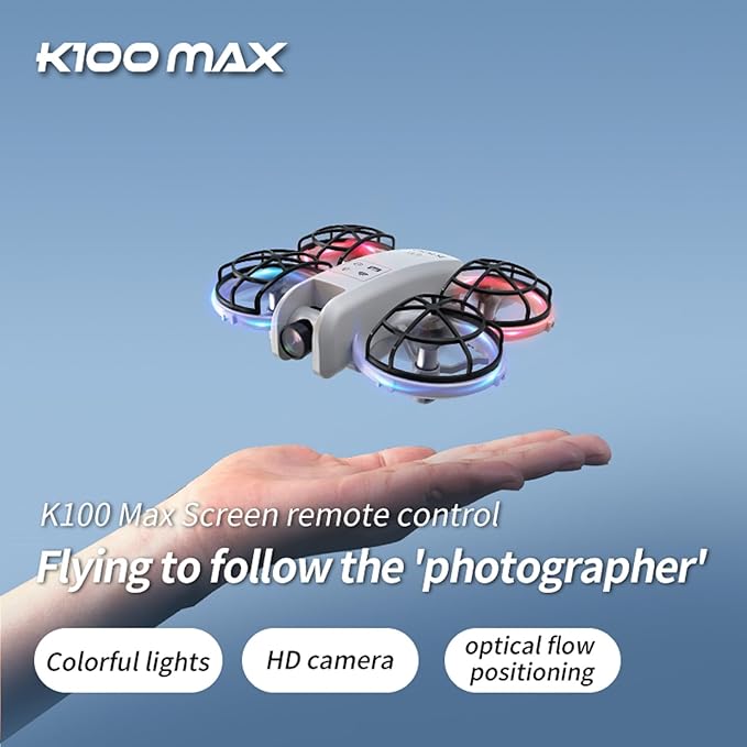 K100 Mini Drone with Screen Controller with SD Card, Two-batteries, Optical Flow Positioning, All-round Protection for Flight Paddles, Suitable for Beginner. (2 batteries - White)