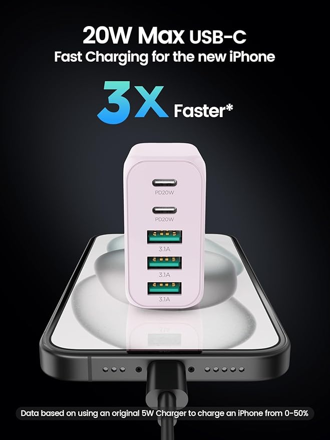 EIZLXQ USB C Charger Block, [2-Pack] Type C Charger Fast Charging,50W 5-Port USB Wall Charger Multiport Type C Charging Block Cube for iPhone 17/16/15/14/13/12/11 Pro Max XS,iPad,Samsung&More-Pink