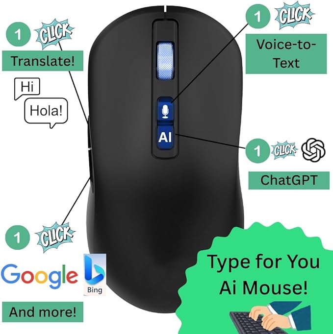 AI Wireless Mouse with Translation for PC Laptop: Hands-free typing- ChatGPT Bluetooth Mouse for Laptop, Voice AI, Multi-Translate, One Tap Google, USB Rechargeable High-Performance Office Device