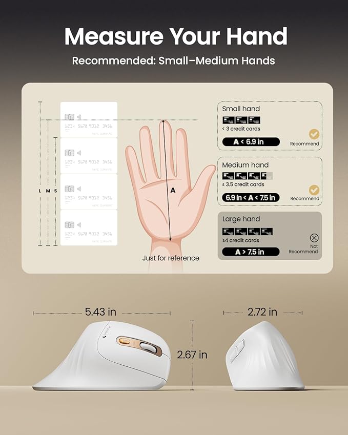 ProtoArc Ergonomic Mouse, EM11 NL Bluetooth Rechargeable Wireless Vertical Mouse, 3 Multi-Device Connectivity for Computer/PC/Laptop, 2.4GHz USB-A Optical Mice for Windows, Mac OS, White Gold