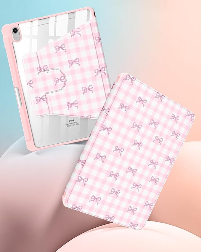 Uppuppy for iPad A16 Case for iPad 10th Generation Case 10.9 inch - 360 Degree Rotating Stand Folio Smart Cover with Pencil Holder for Women Girls, Pink Bow Checkered for Apple 10th 2022/11th 2025