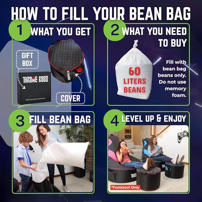 Throne Boss Gaming Footstool - Cover ONLY No Filling - Matching Bean Bag Chair Pouf/Ottoman - Round Gamer Foot Stool Footrest with Drink Holder (Green)