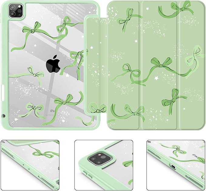 Tuiklol for iPad Pro 12.9 Inch 6th/5th/4th/3rd Generation 2022 2021 2020 2018 Case,Built-in Pencil Holder Clear Transparent Protective Back Shell Cover with Auto Sleep/Wake, Bow-Green