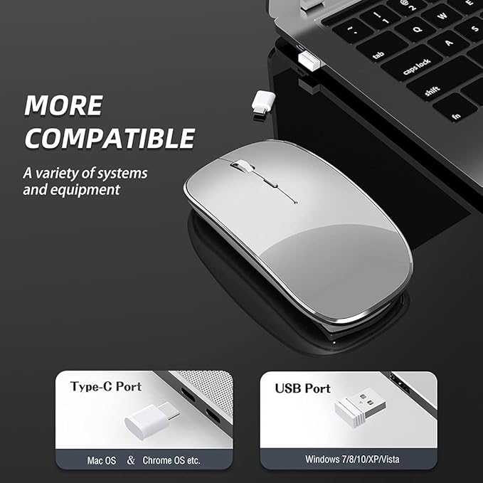 Halpilt Wireless Mouse Chargeable Portable Silent USB and Type-C Dual Mode Wireless Mouse 3 Adjustable DPI for Laptop, Mac, Android, PC (Q23S Black) (Grey)