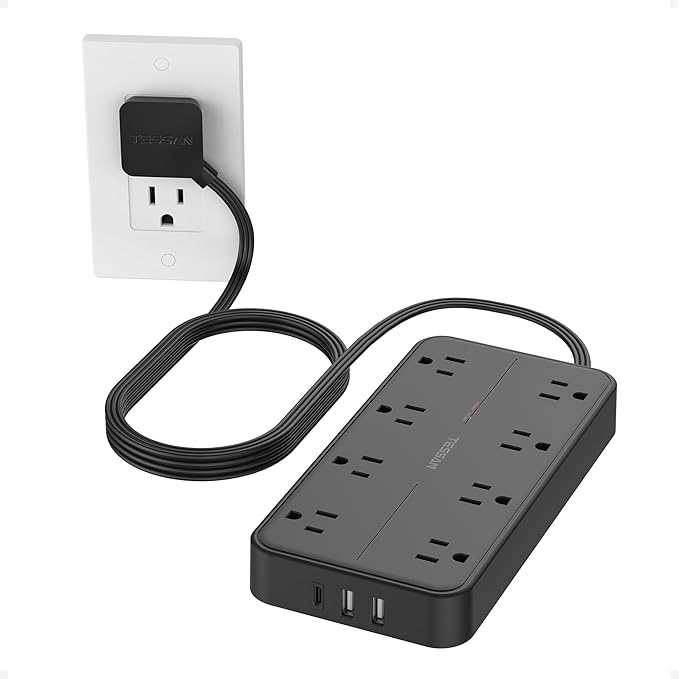TESSAN Power Strip Surge Protector, 6FT Flat Plug Extension Cord with 8 Outlets 3 USB Charger(1 USB C), 1080 Joules Protection, Wall Mountable Charging Station for Home Office Dorm, Black