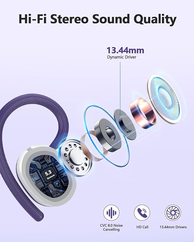 Wireless Earbuds, 128Hrs Bluetooth 5.3 Headphones Sport, Bluetooth Earbuds with ENC Noise Canceling Mic, Bass Stereo Wireless Earphones, IP7 Waterproof Over Ear Buds with Earhooks for Gym/Running
