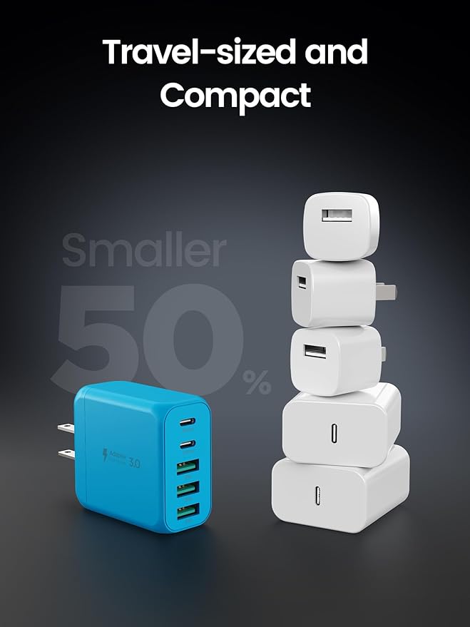 EIZLXQ USB C Charger Block, [2-Pack] Type C Charger Fast Charging,50W 5-Port USB Wall Charger Multiport Type C Charging Block Cube for iPhone 17/16/15/14/13/12/11 Pro Max XS,iPad,Samsung&More-Blue