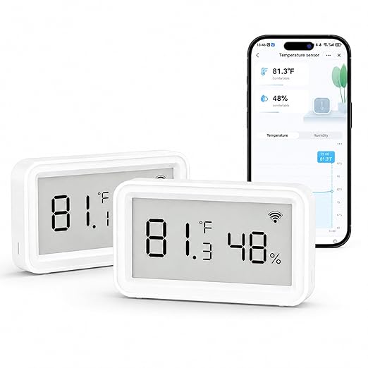 eMylo Smart WiFi Thermometer Hygrometer 2 Pack, Indoor Wireless Temperature Humidity Sensor with Electronic Display, App Notification, Free Data Storage Export, Digital Remote Monitor for Home Room