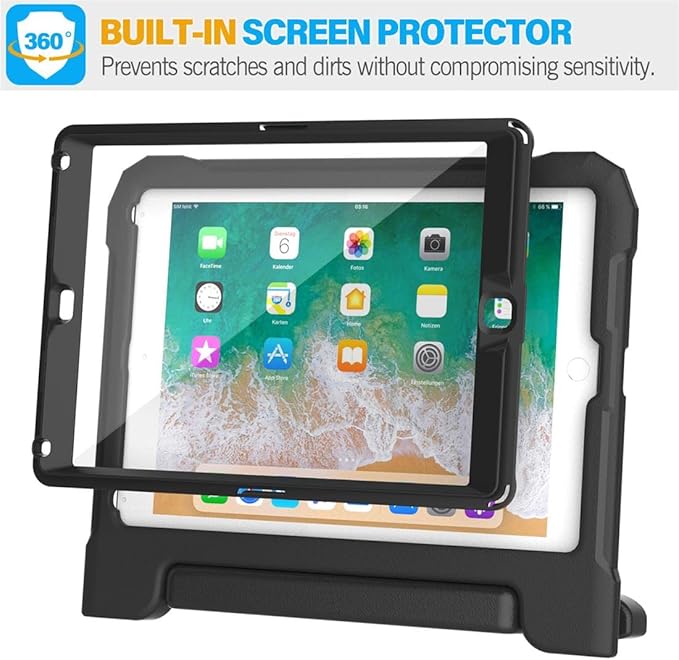SUPLIK Kids Case for iPad 5th/6th Generation (9.7 inch, 2017/2018), iPad Air 1 & Air 2 & Pro 9.7 Case with Screen Protector, Durable Shockproof Kids Cover with Handle Stand, Black