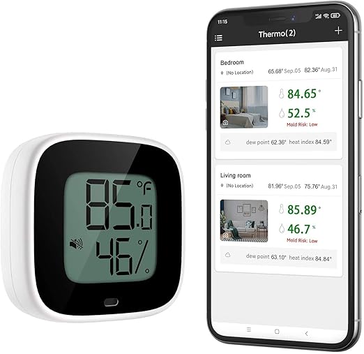 Wireless Thermometer Hygrometer for iPhone/Android, Smart Bluetooth Humidity Temperature Sensor with Alarm and Data Storage for Green House Guitar Camera Storage Humidor Incubator Monitor