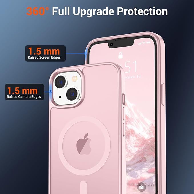 SUPFINE Magnetic for iPhone 14 Case & iPhone 13 Case (Compatible with MagSafe)(Military Grade Drop Protection) Translucent Matte Shockproof Phone Cover,Light Pink