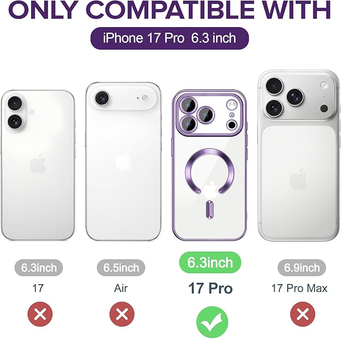 Hython Magnetic Clear for iPhone 17 Pro Case with Camera Lens Protector [Compatible with MagSafe] Luxury Plating Edge Slim Soft TPU Cover Protective Phone Case for iPhone 17 Pro 6.3", Deep Purple
