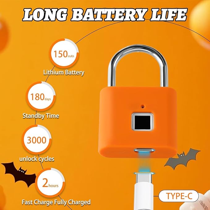 UMIKSMART Fingerprint Padlock, Keyless Fingerprint Padlock with USB Charging, Smart Keyless Padlock for School Locker, Gym Locker, Backpack and Travel Bag, Gift for Kids, Teens and Friends