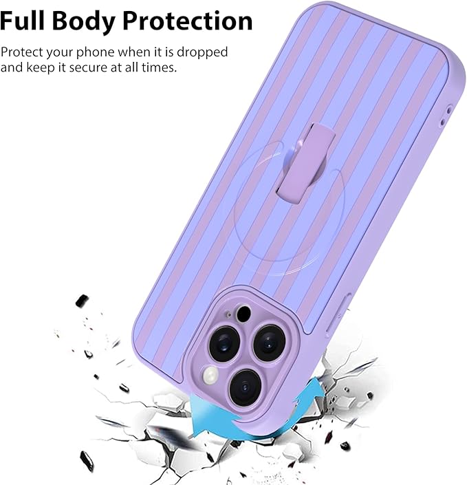 KANGHAR Compatible with iPhone 15 Pro Max Case, Support for MagSafe, Silicone Stripes Cute Pattern, Wristband Kickstand Camera Protection Soft Slim Cover for Girls Women -Purple