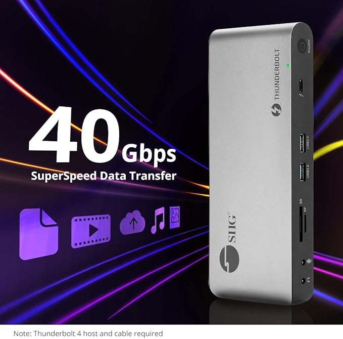 SIIG Thunderbolt 4 Docking Station - Quad 4K / Single 8K, 60W PD, 3X TB4 40Gbps (USB-C), 2X USB-A 5G, Gigabit Ethernet, Support Mac M1/M2/M3 Pro/Max & Windows (Intel/AMD/Snapdragon) (JU-DK0U11-S1)