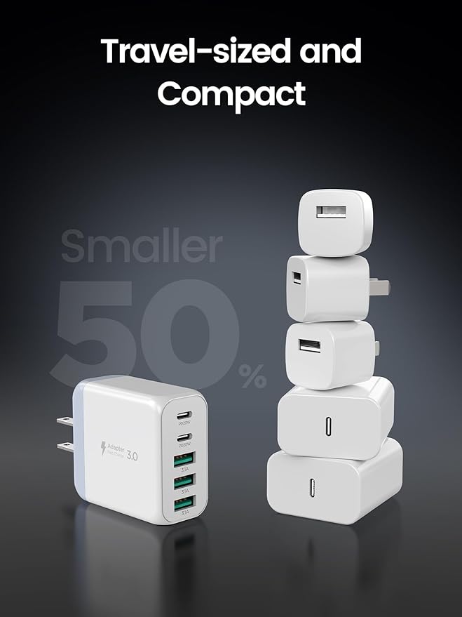 EIZLXQ USB C Charger Block,50W 5-Port Fast Wall Charger,Dual Type-C & USB-A Multiport Charging Cube for iPhone 17/16/15/14/13 Pro Max,iPad,Samsung Galaxy–2 Pack,White