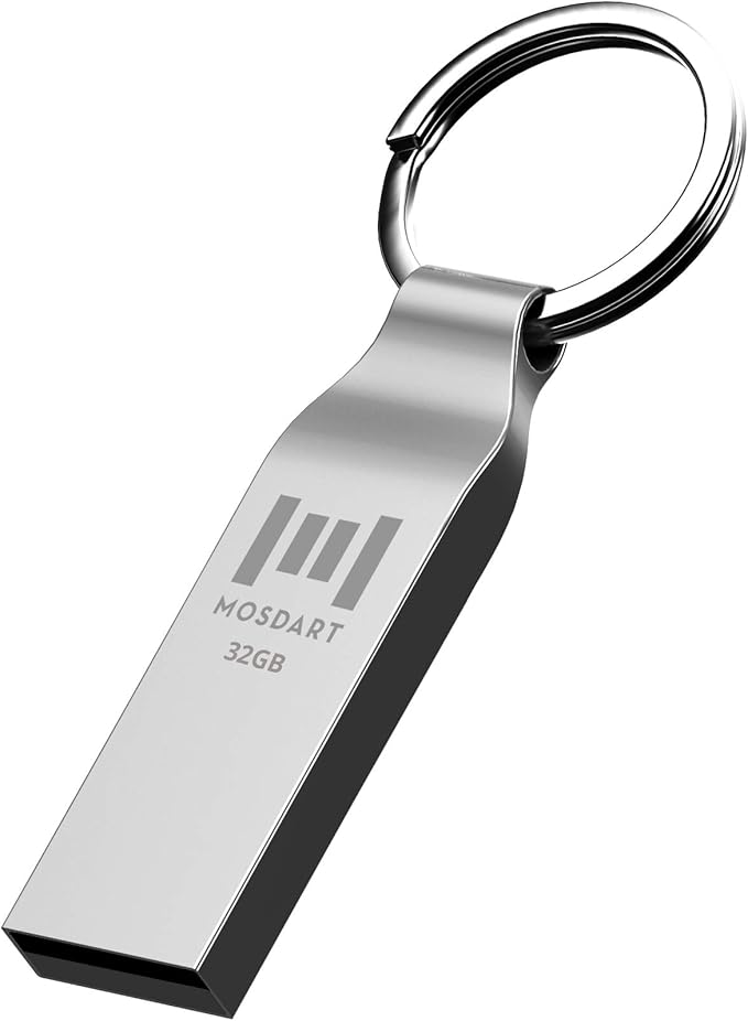 MOSDART Waterproof 32GB USB2.0 Flash Drive, FAT32 Metal Memory Stick with Keychain, for System Back, Data Storage, Silver