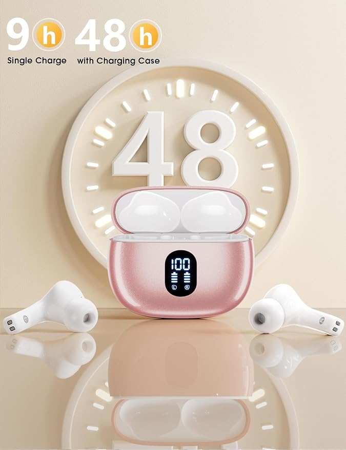 ZZU Wireless Earbuds Bass Stereo Headphones Bluetooth 5.3 Ear Buds, 48H Playtime, LED Display in Ear Earphones with Mic, IPX7 Waterproof, Touch Control Lightweight for iPhone/Sports/Laptop Rosegold