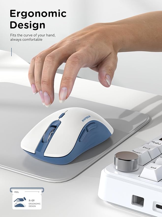 RAPIQUE Bluetooth Wireless Mouse - Dual Bluetooth & 2.4 GHz USB Receiver, Ergonomic Design, Quiet Clicks, Low Power - Multi-Device Compatibility for MacBook, Laptop, Computer (Blue and White)