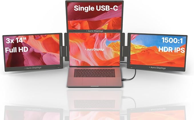 Triple Boost Pro 14" | Premium Triple Portable Monitor Extender | Full Aluminum | Quad Screens | 3×14” FHD 1080P HDR IPS | USB-C & HDMI | Compatible with 11”-18” Laptops